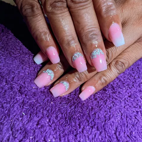 Pink ombre coffin acrylics with silver accents